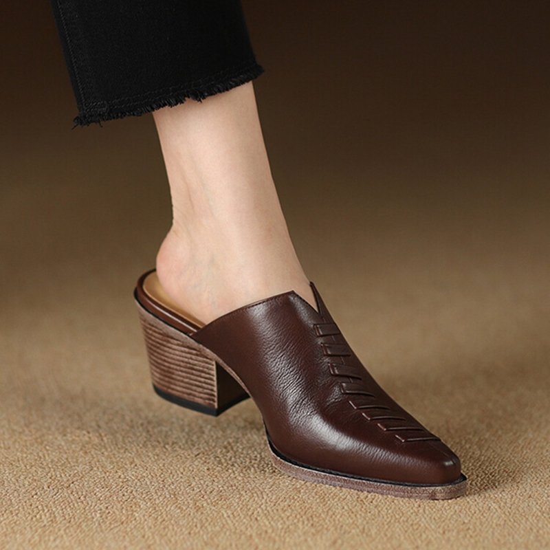 Summer NEW Mules Genuine Leather Shoes for Cover Chunky Heel Slippers New Cross-tied Pointed Toe Black Women Sandals 256c