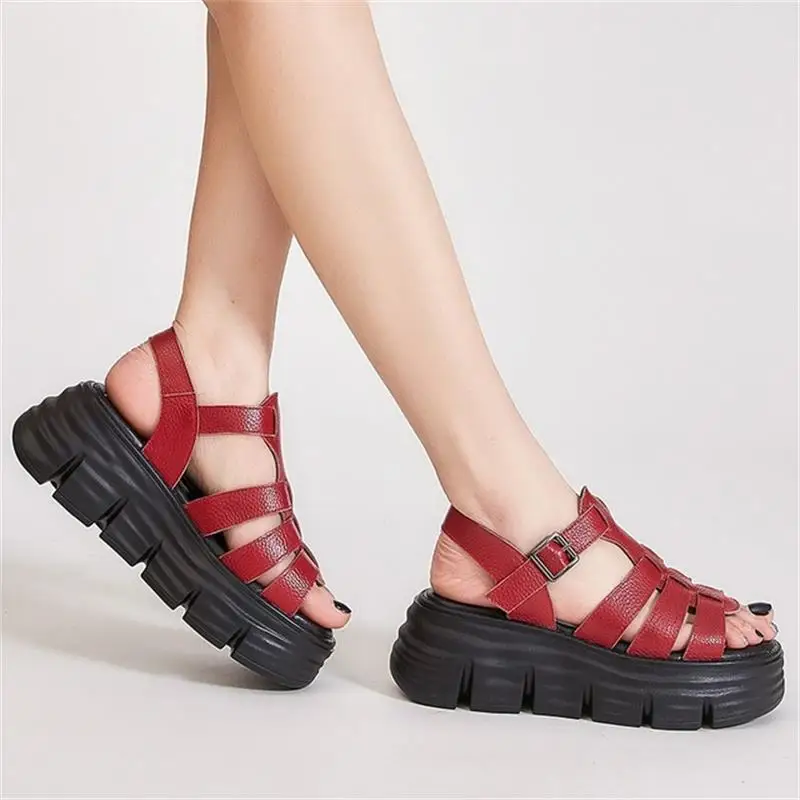 Women Sandals Summer Shoes Genuine Leather Roman Style Concise Open Toe Buckle Strap Wedges Platform Sandals Lady