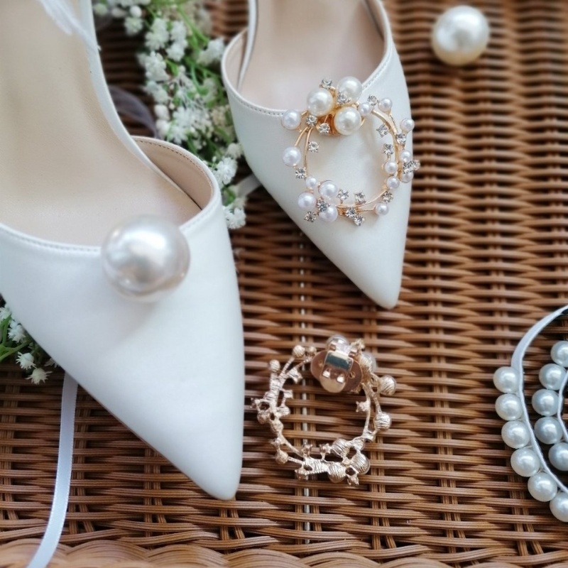 Bow 2024 Bridal Satin White Pearl Main Dress Heels Wedding Wear Hollow Shoes French fe75