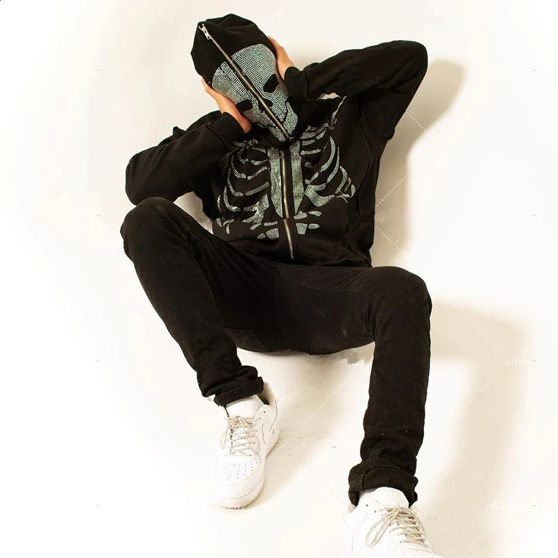 Rhinestone Full Zip Hoodie Skeleton Goth Sweatshirt Pull Long Sleeve Black Hoodies Y2k Fashion Mens Womens Sport Jackets Coats 240913