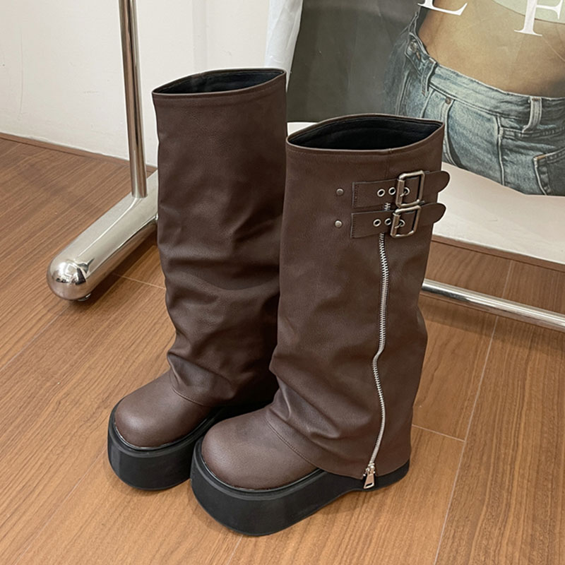 Female Thick Soled Shoes Women Knee High Boots With Designer Zippers Footwear Fashion Platform Ladies Western Long Booties