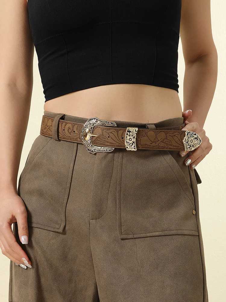 PU Leather Belts Luxury Metal Carved Buckle Jeans Dress Pants Waistband Western Brown Cowgirl Waist Belt Hip Hop Fashion BeltX240914