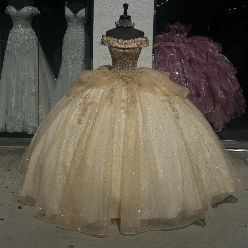 Champagne Shiny Ball Gown Quinceanera 2024 Applique Beads Bow Tull Tiered Sweet 16 Dress Formal Party Vestidos 15 De XV Anos