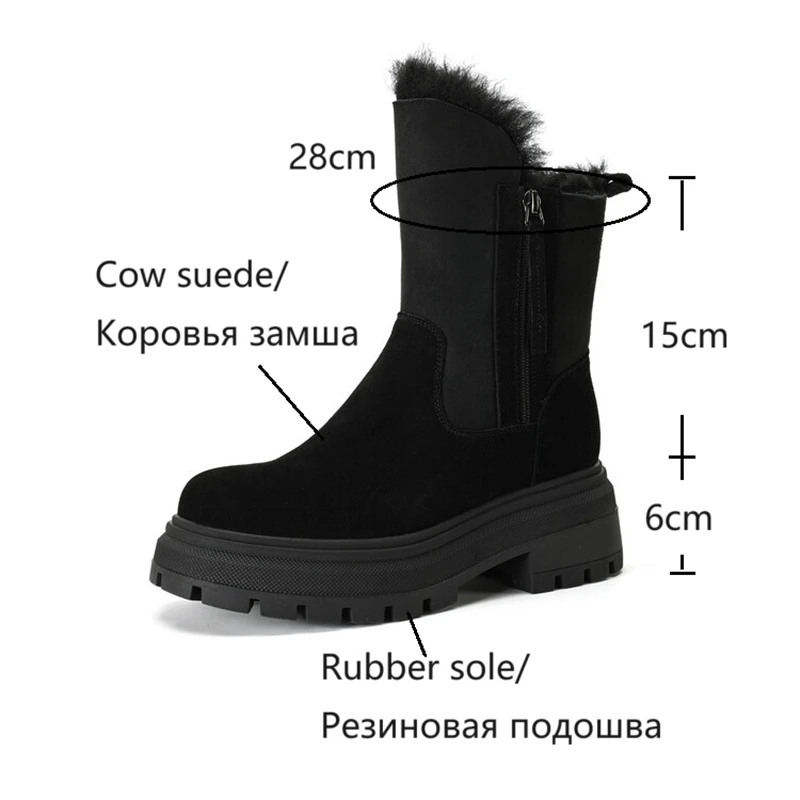 Round Winter Toe Thick Heel Cow Suede Leather Shoes for Women Warm Wool Blend Platform Snow Boots 4c97 Platm
