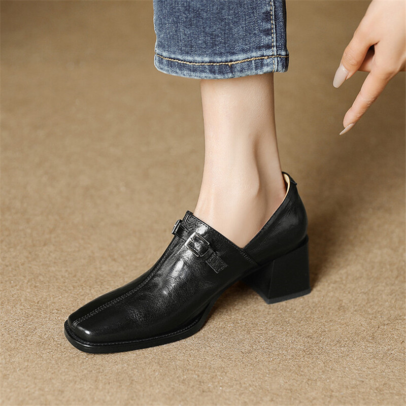 2024 Spring Women Shoes Square Toe Chunky High Heels Women Pumps Shoes for Women Genuine Leather Loafers Shoes Zaptos Mujer