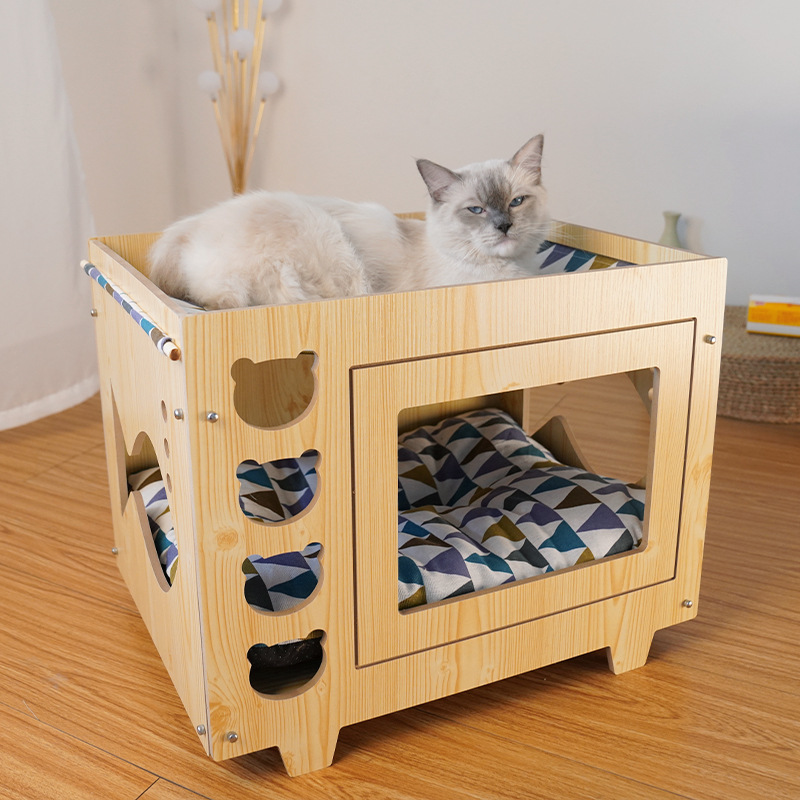 Stackable Collapsible Cat Kitty Cube Room Wooden Cat House Rabbit Hideout Hammock