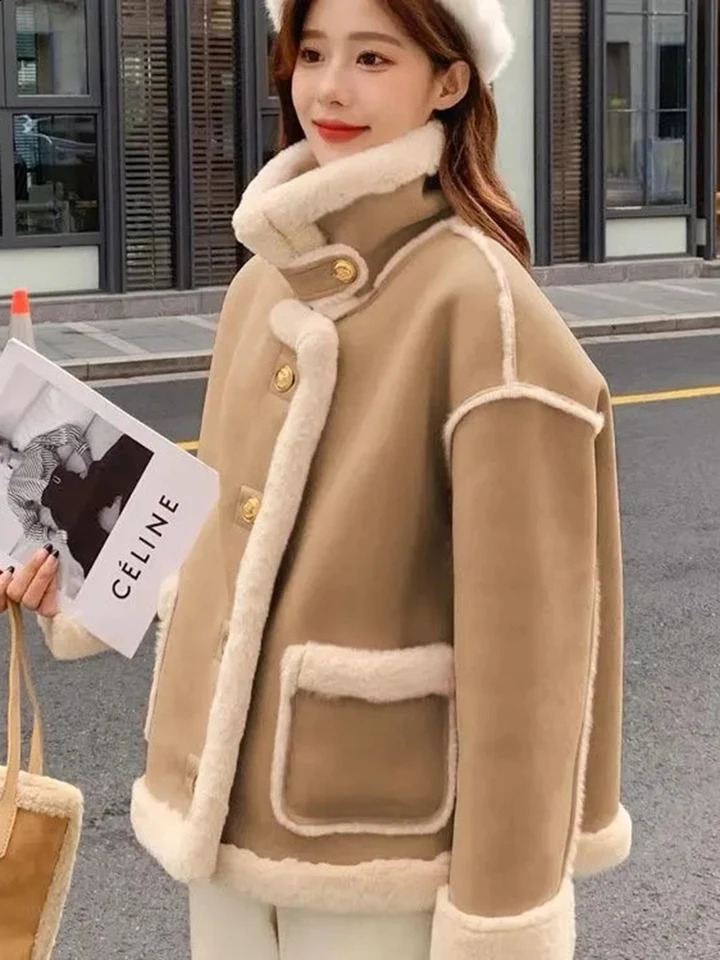 Winter Warm Plush Thick Casaco Casual Classic Cashmere Lining Jacket for Women Korean Chic Single Chest 240905