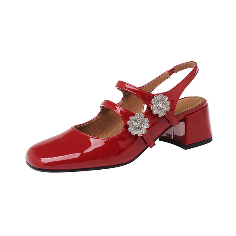 New Summer Split Leather Square Toe Chunky Heel Mary Jane Shoes for Women atos Mujer Rhie Sandals