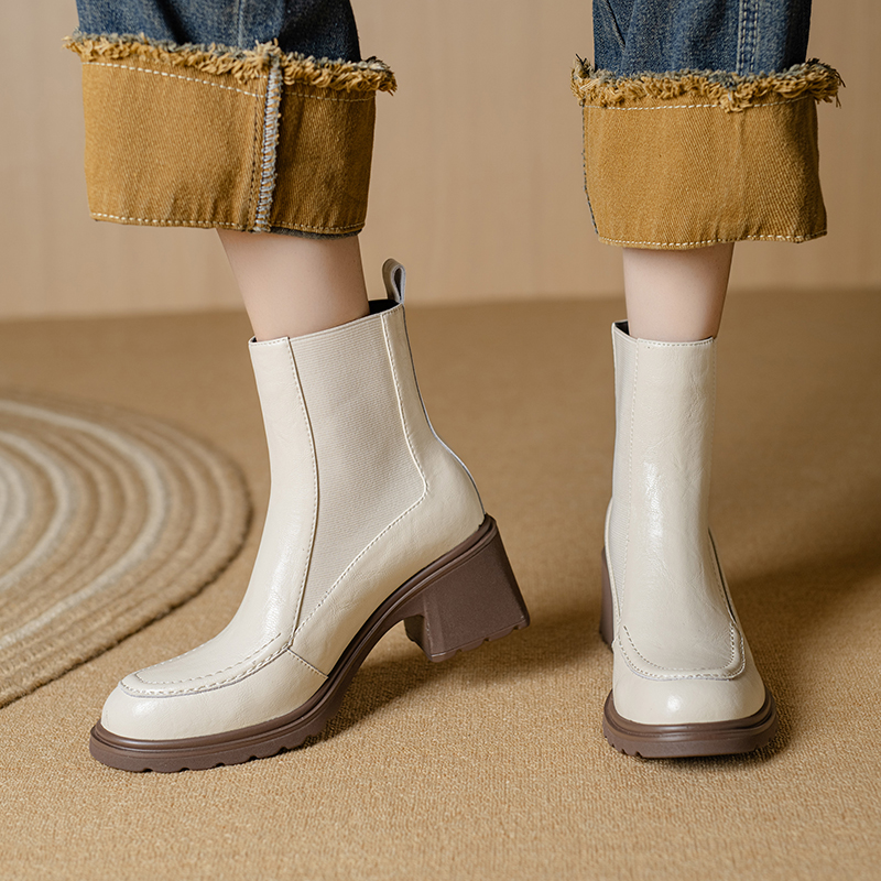 New Autumn Winter Genuine Leather Fashion Round Toe Women Short Boots Chunky Heel Ladies Shoes e3f1