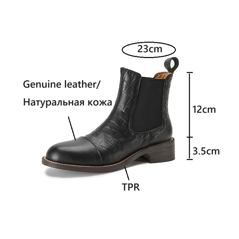 Autumn NEW Round Toe Chunky Heel Genuine Leather Shoes for Women Concise Zipper Short Blck Boots 44ff