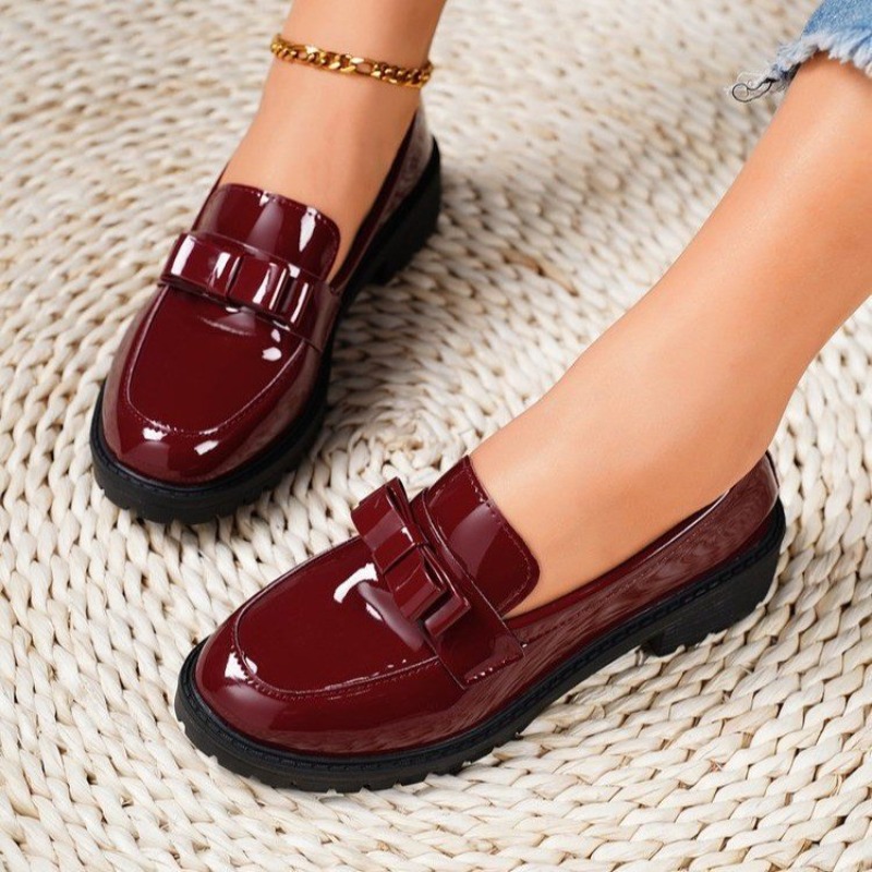 Women's 2024 Spring New Loafers PU Leather Women's Pumps Outdoor Casual Fashion Slip-On Wine Red Mary Janes Shoes Large Size
