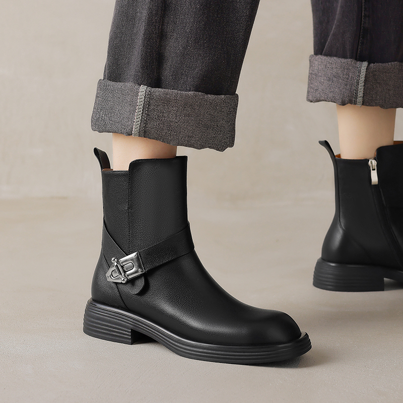 2024 New Autumn Genuine Leather Round Toe Chunky Short for Women Winter Med Heel Western Ankle Boots 8517