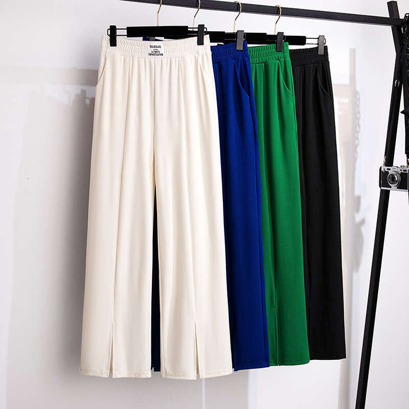 155Kg Plus Size Women's Loose Straight Ice Silk Pants Hip 150-160 High-Waisted Slit Trousers 5Xl 6Xl 7Xl 8Xl 9Xl 4 Colors