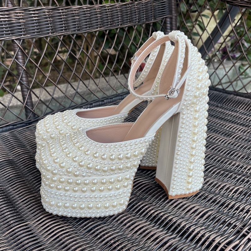Brand Handmade Inlaid Pearls/rhinestones Sandals Wedding Bride Party Bownot Nightclub Steel Pipe Dance High-heeled Shoes Size 42