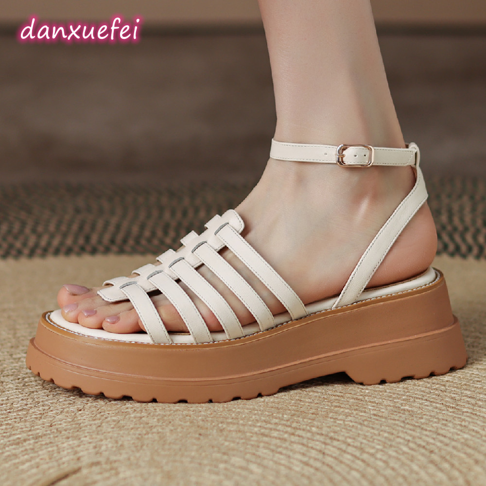 2025 new plus danxuefei size 34-42 women's great pu leather thick sole platform flats sandals narrow band braided ankle strap shoes women 438f