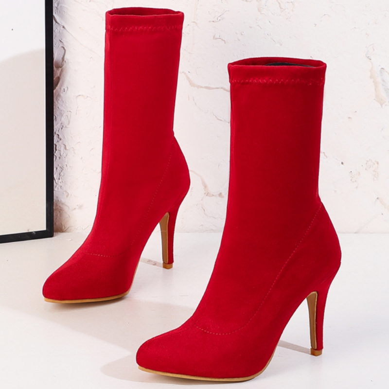 Women's Ankle Boot Elegant Flock Yellow Red Black Pink Sock Boot Slim Elastic Dance Fetish Party Shoes Lady Big Size 45