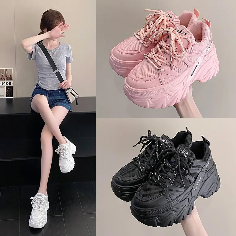 Women's Pink Chunky Sneakers Breathable Platform Sports Shoes Woman Lace Up Thick Sole Casual Shoes Zapatillas Mujer 2024
