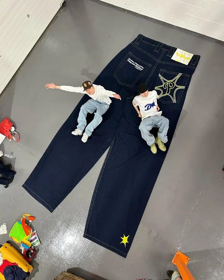 PROTECT Jeans Y2K Pants Mens Womens Harajuku Hip Hop Gothic Letter Embroidery Retro Blue Baggy Jeans Wide Leg Trousers 240911