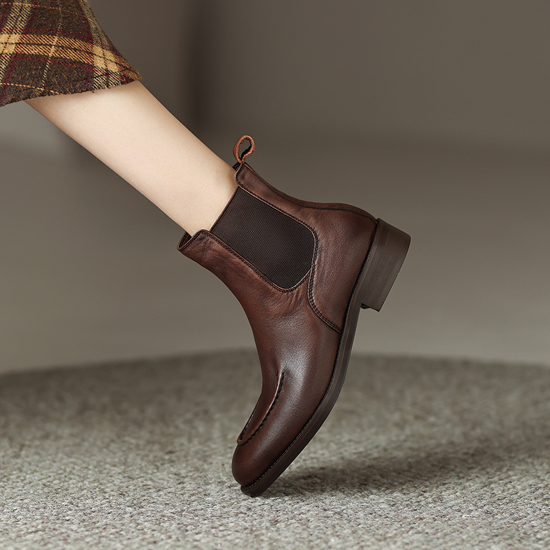 2024 Autumn Genuine Retro Women Shoes Round Toe Chunky Heel Winter Female Leather Boots a908