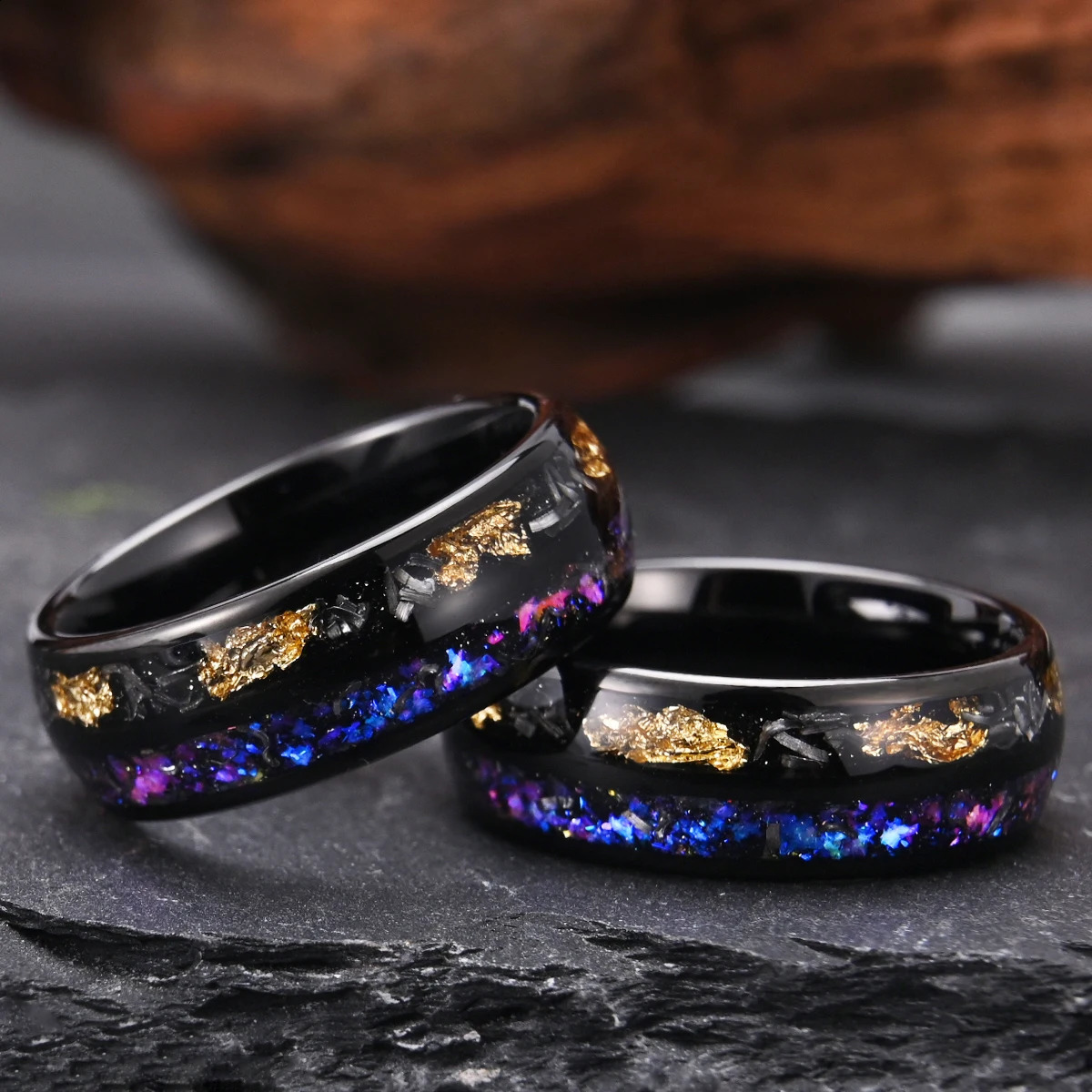 Black 8MM tungsten carbide gold foil mens ring mens wedding ring type polished suitable for anyone to wear 240905