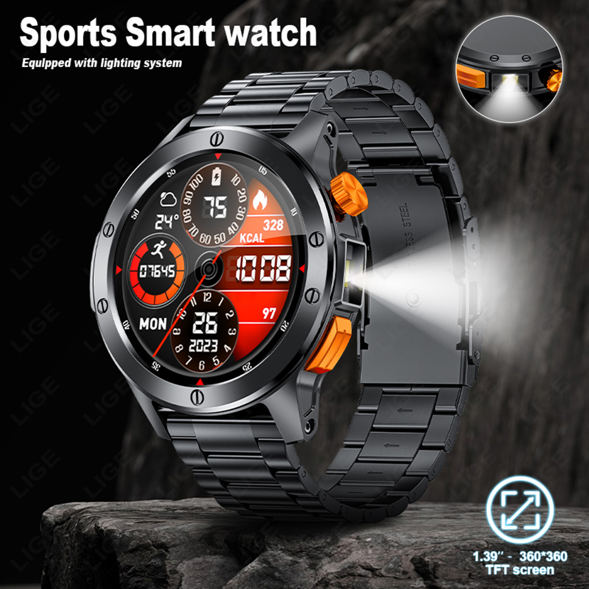 LIGE New Smart Watch Multi functional Waterproof Step Counting Bluetooth Voice Assistant Remote Control Photography Precision Steel Belt Watch