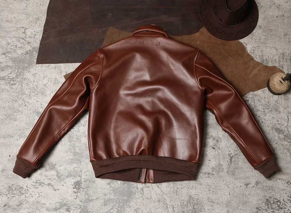 American leather lapel cut jacket retro A2 leather jacket hard wax denim flight suit W240914