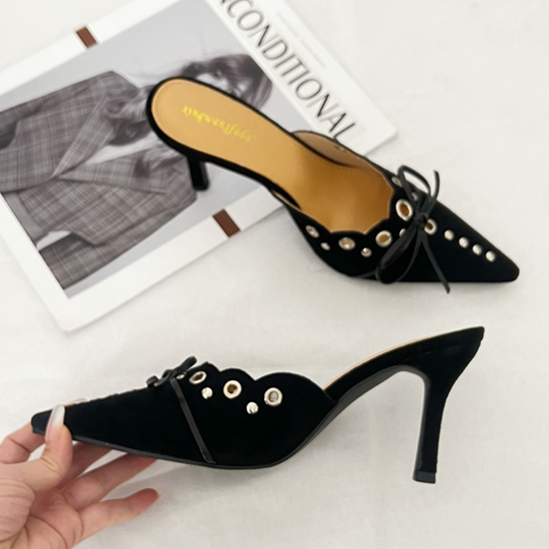 Fashion Butterfly-Knot Pumps Slides New Footwear In Heels Women Mules Female Pointed Toe Rivet Ladies High Heels Shoes Slippers