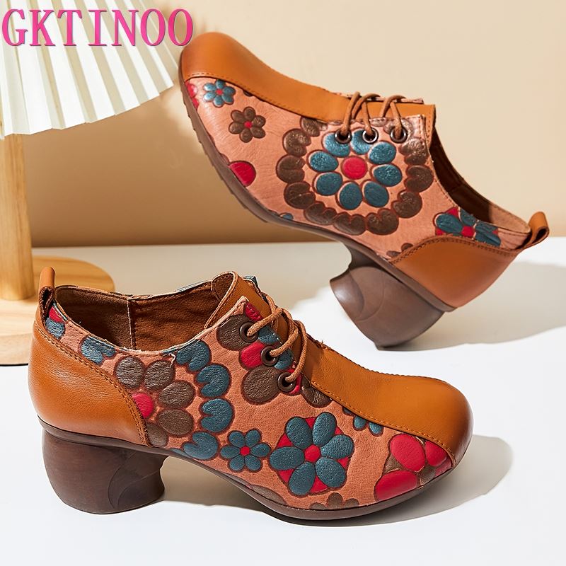 Spring/Autumn 2024 Genuine Leather Lace-Up Pumps, Chinese Style Printing Concise High Heels Ladies Shoes 4