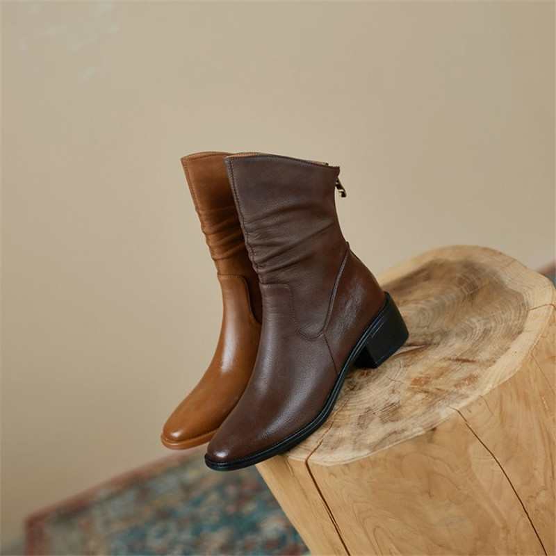 2022 New Fall/Winter Women Genuine Leather Square Toe Thick Heel Zipper Ankle Boots Solid Color Retro Woman Shoes Brown
