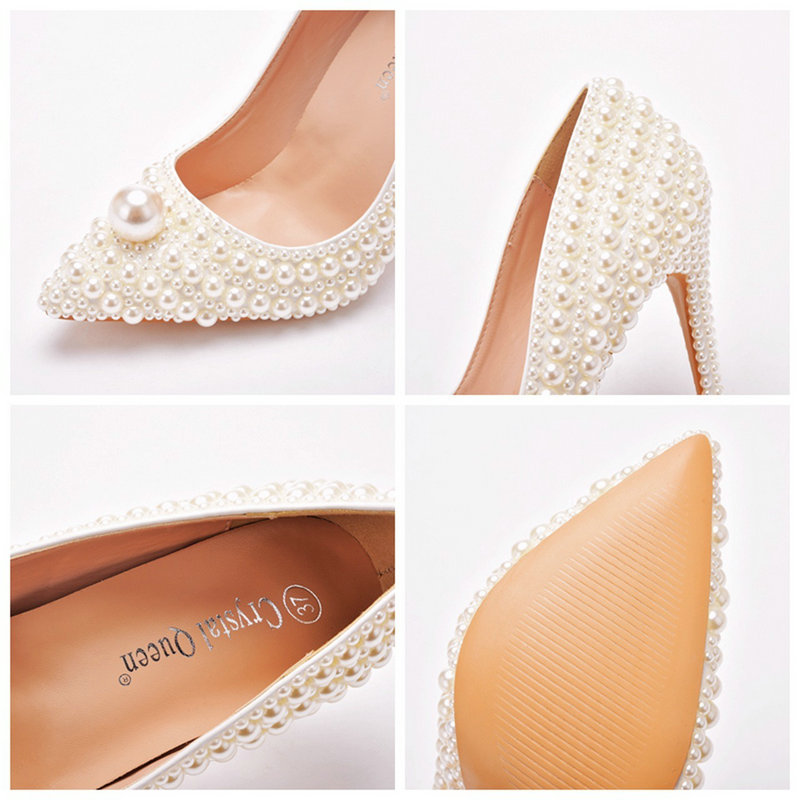 2025 new Pearl 11cm Wedding Thin Heel Pointed Single Shoe Large Size Bride Shoes Dinner Women's Pumps 393a s