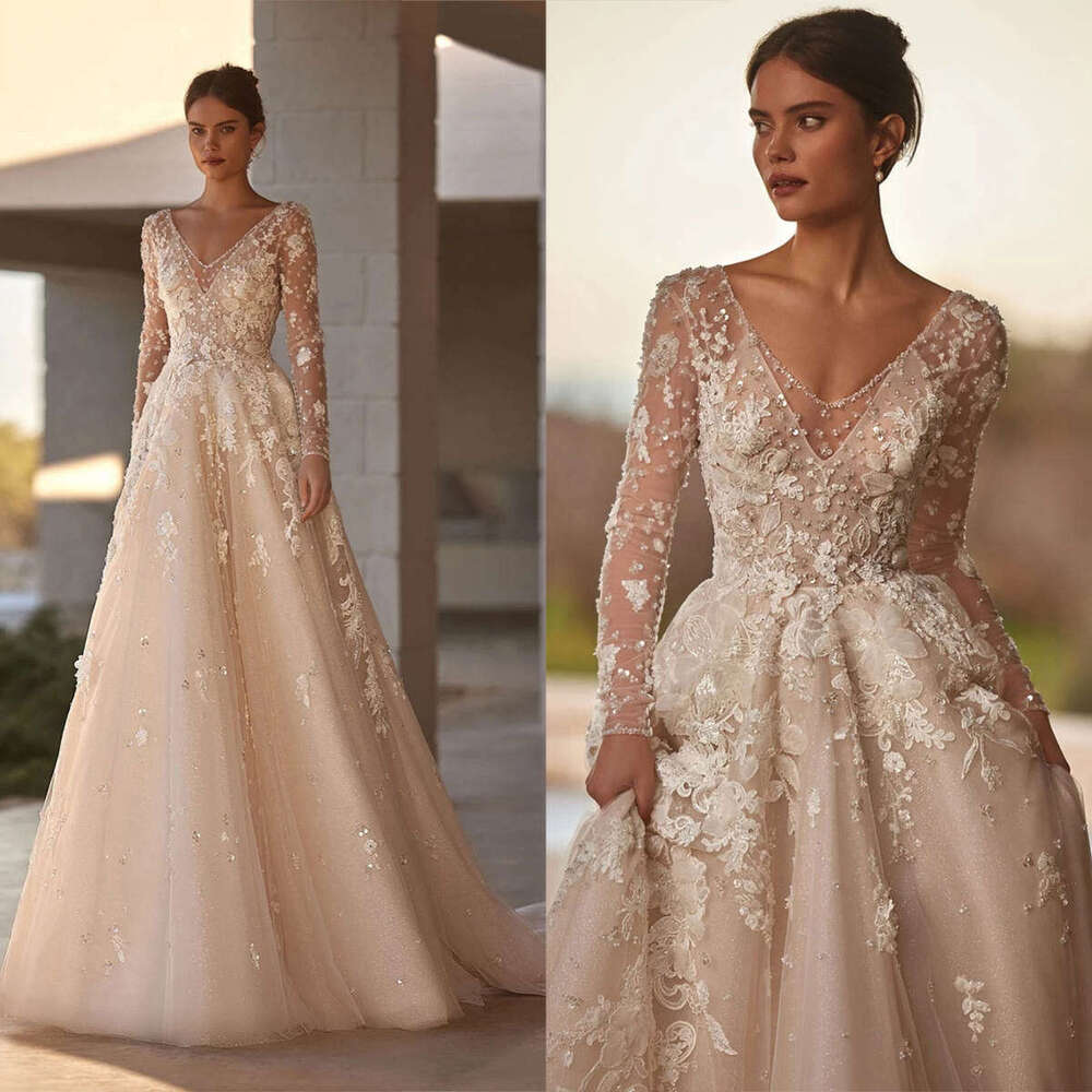 Romantic Wedding Dresses A-E V-Neck Appliques Sequined Sleeve Or-Length Long Bridal Gown Vestido De Novia Custom Made 0228Lz