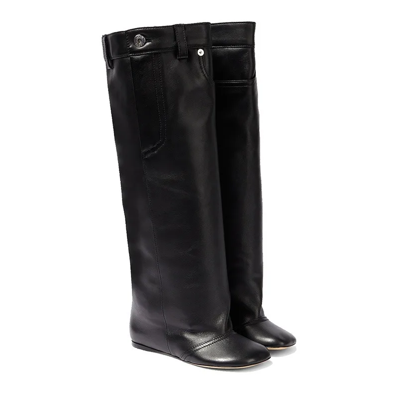 Black Belt Design Pleated Lazy Knee 2023 New Women's European and American Style High Heels Fashion Boots Size 34-43