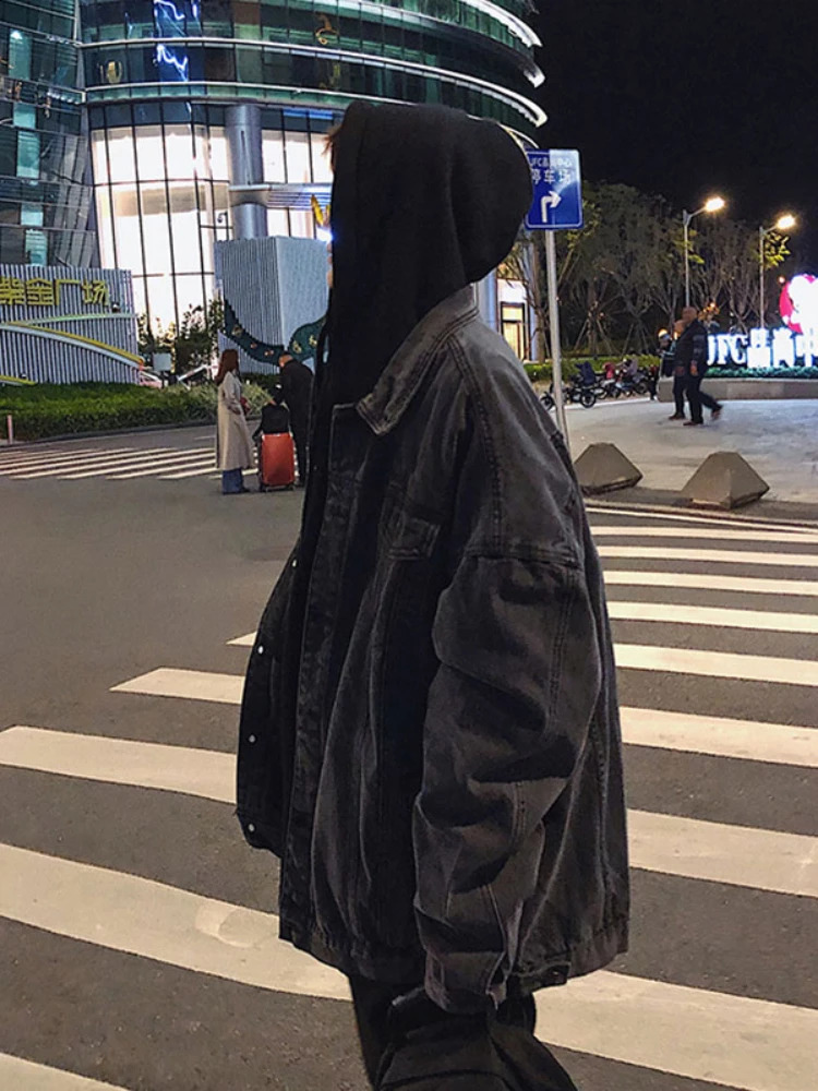 Gmiixder Black Denim Jacket Mens Autumn Handsome Street Retro Large Pocket Tool Hong Kong Style Oversized Jeans Top 240913