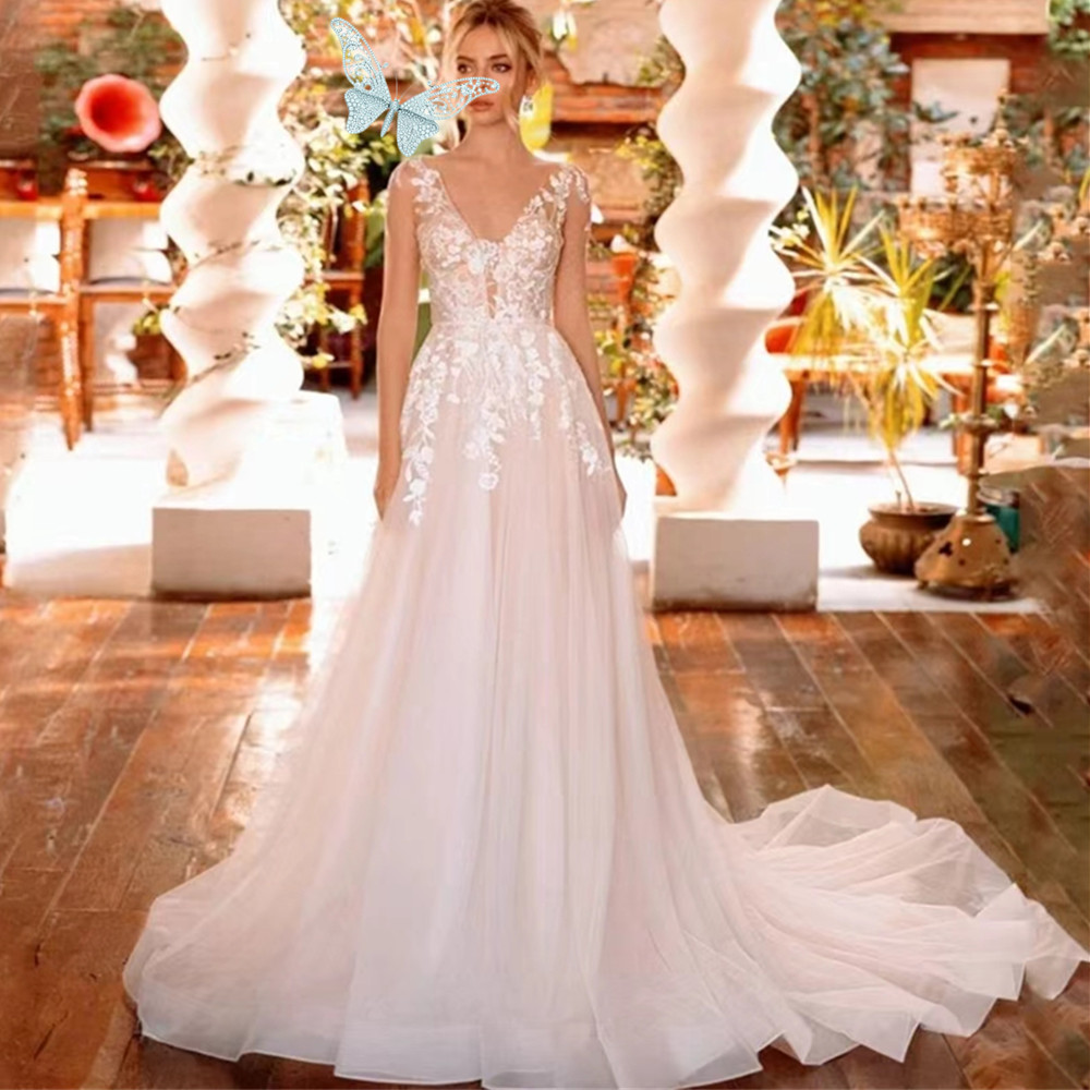 Charming Princess A-Line Wedding Dresses Sexy V-Neck Long Sleeves Bridal Gowns Illusion Vestido De Noiva Woem Brides Wear