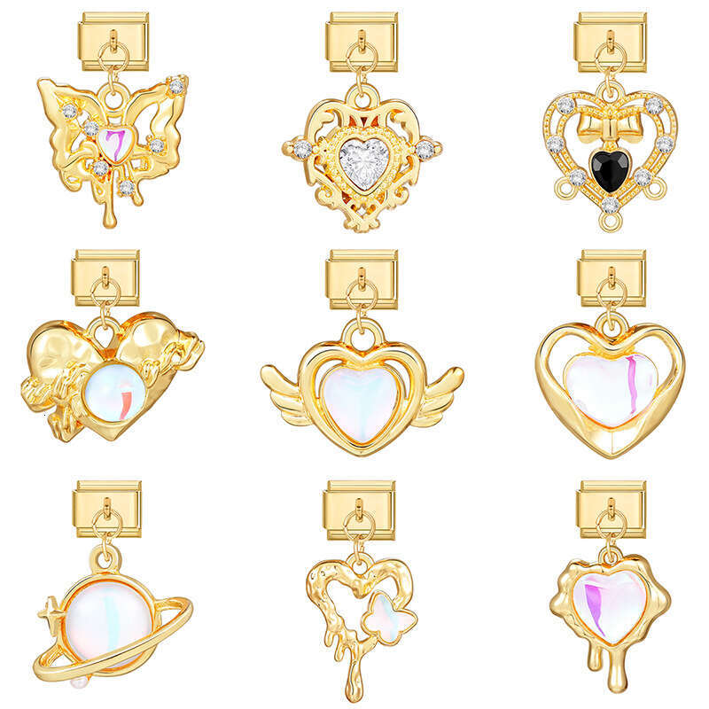 New Women's Gift Gold plated Pendant Heart bead Italian Charms Links Bangle Beads Fit 9mm Stainless Steel Bracelet Making DIY For Women Fashion J