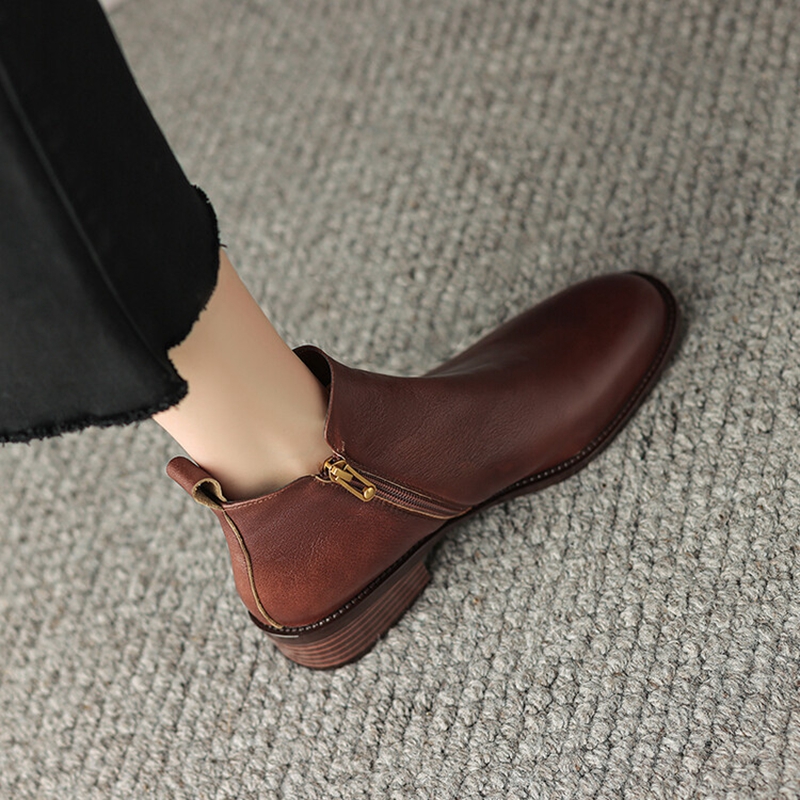 NEW Autumn Women Boots Round Toe Low Heel Boots Women Genuine Leather Shoes for Women Retro Zip Brown Ankle Boots сапоги женские