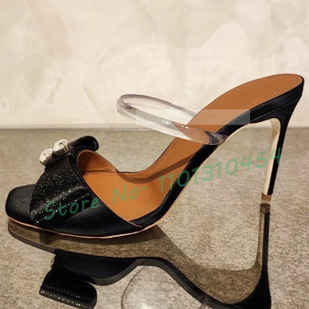 Bowknot Satin High Heels Slippers Women Summer Elegant Multicolor Crystal Bling Shoes PVC Strap Ladies Casual Open Toe Mules