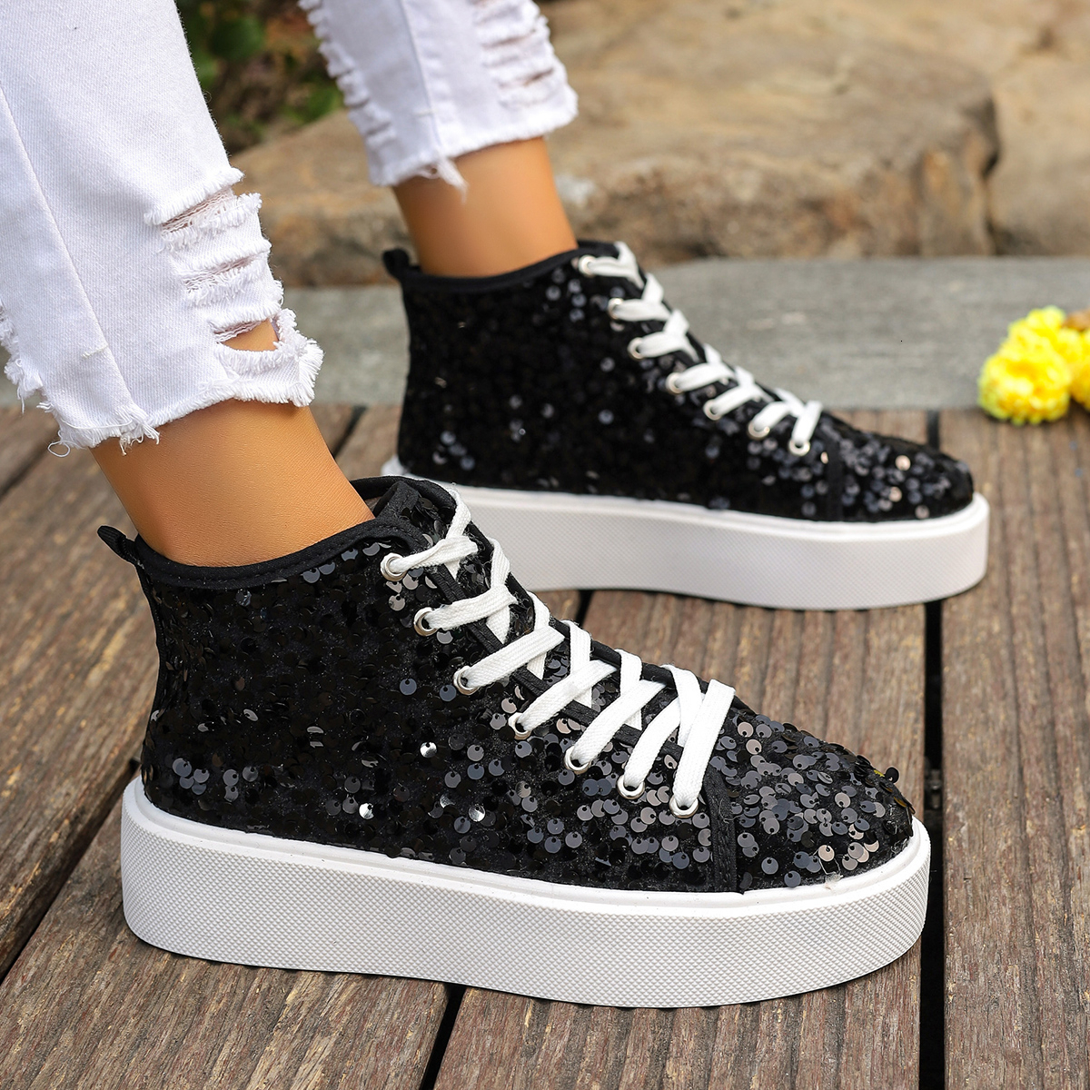Female High-top Canvas Fashion Student Golden Sequins Platform Vulcanized Casual Running Sneakers Women Flat Shoes