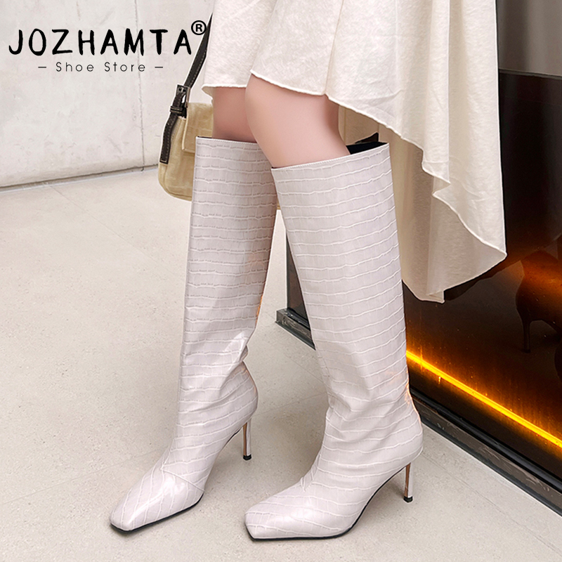 JOZHAMTA Size 34-42 Women Knee Stiletto High Heels Shoes Winter Stone Pattern Slip On Office Party Long Tall Boots