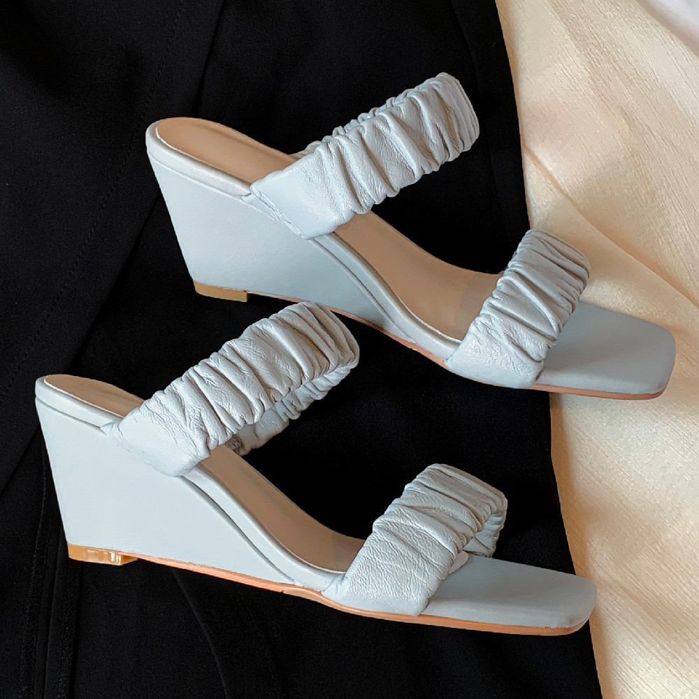 pleated Women's band slides open toe wedge 7cm high heel casual female british style summer sandals heeled New pumps shoes e8f4 ed