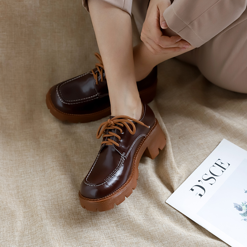 New 2022 Spring Genuine Leather Platform Round Toe New Woman Shoes Casual Loafers atos De Mujer Women Lace-up 2bb1