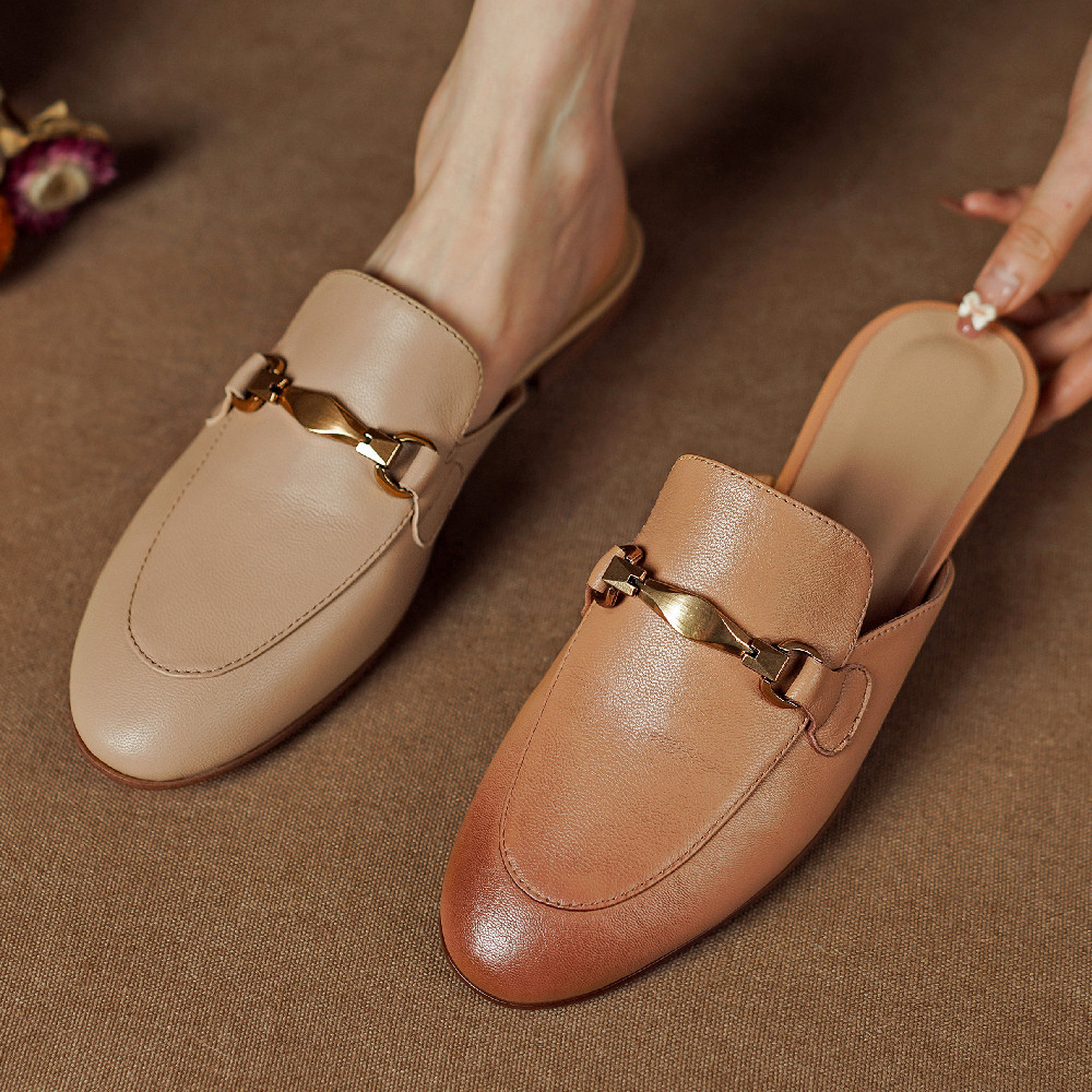 Women's sheepskin slip-on flats mules round toe leisure soft comfortable high quality summer slides casual daily shoes for woman
