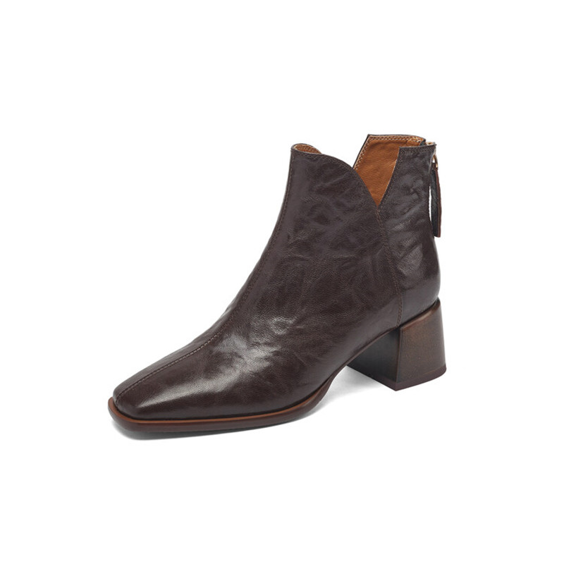 NEW Autumn Winter Genuine Leather Boot Fashion Short Boots Square Toe Chunky Shoes for Women High Heels Botas De Mujer