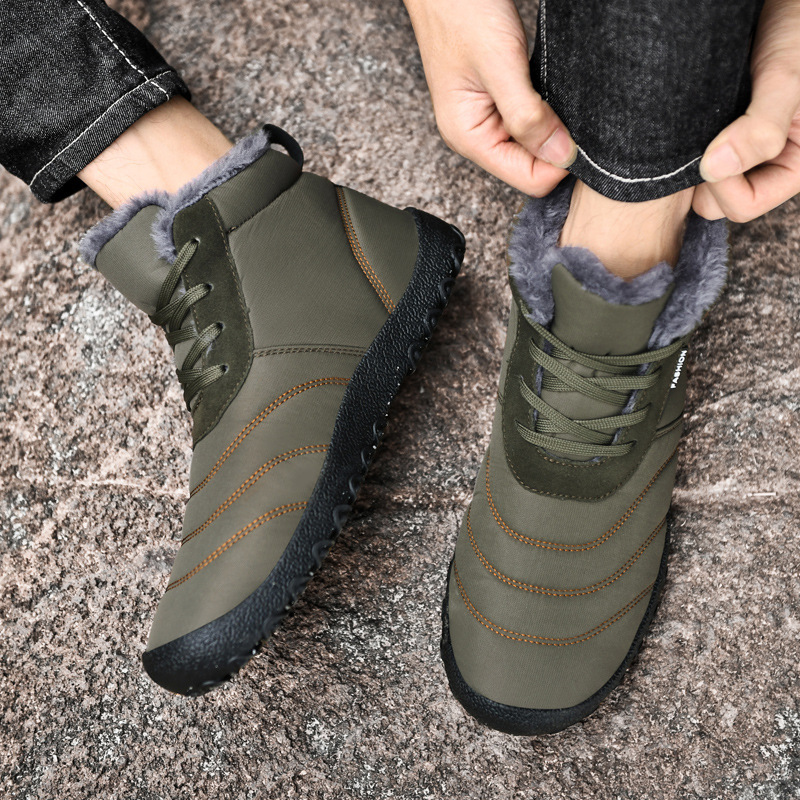 Autumn winter men's thick soled cotton shoes, high top, solid color, warm snow boots, large-sized lace up and plush shoes