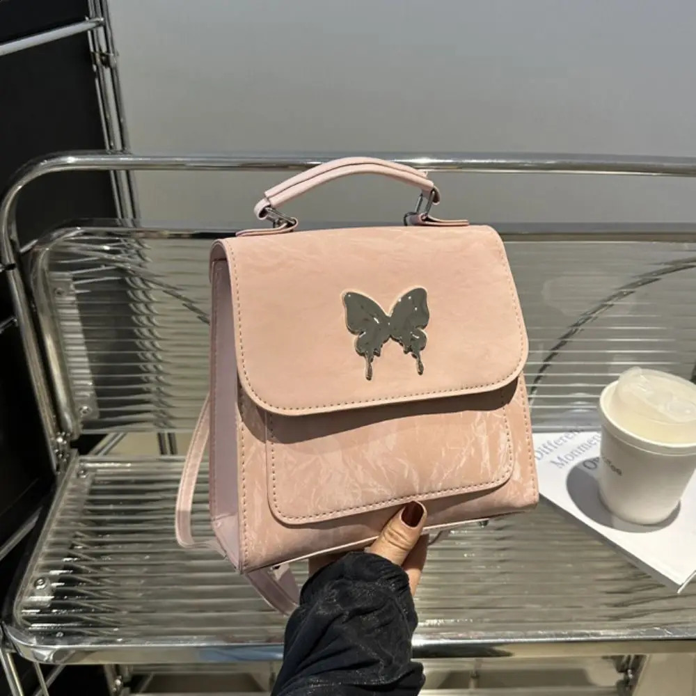 Large capacity Korean square backpack with butterfly pattern Pu leather backpack solid color handbag Y2k student backpack 240912