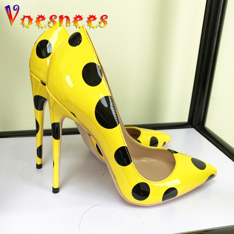 Polka Dot Party Women Shoes Yellow Pointed To Stiletto Pumps 12CM Everyday Office Ladies Single Shoes Fashion Print High Heels