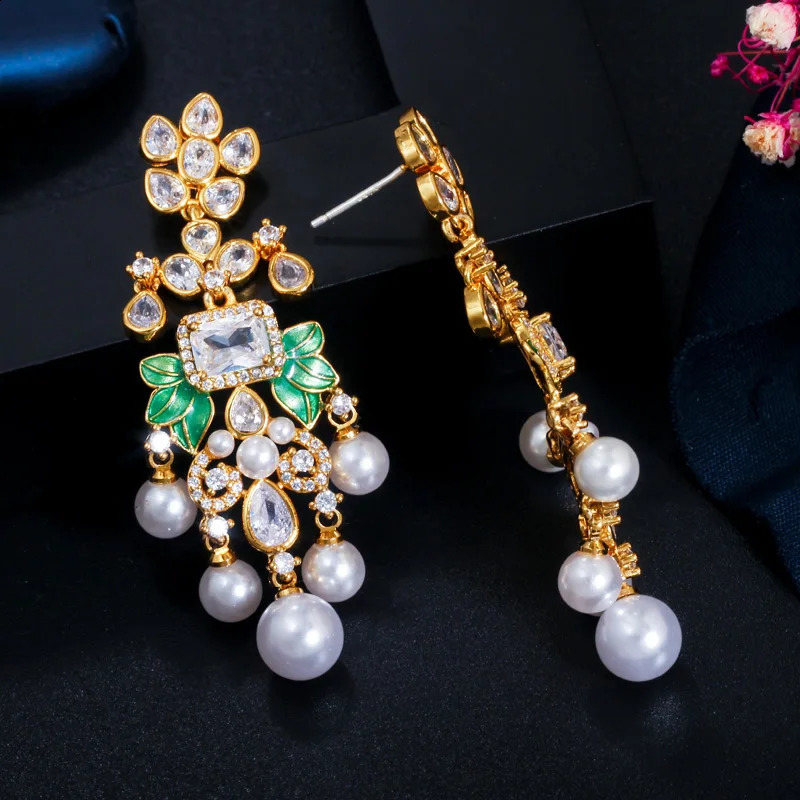 CWWZircons Flowers Cubic Zircon CZ Long Dangle Pearl Earrings for Women African Bridal Earring aretes de mujer modernos CZ656 240914