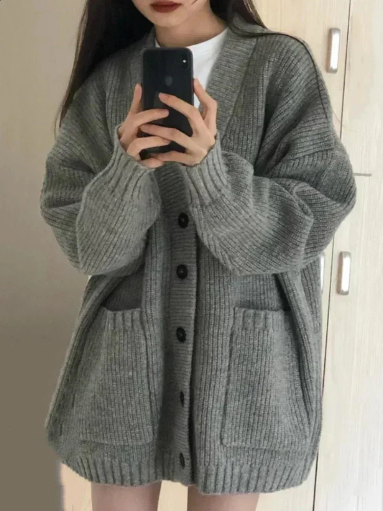 Cardigan Winter Grey Striped Knitted Sweater Women Korean Fashion Style Harajuku Oversize Preppy Female Coat 240904