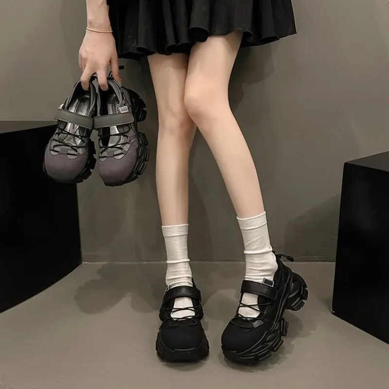 Retro Thick Bottom Mary Jane Shoes Women New Fashion Chunky Heel Women's Sneakers Black Gray Heightening Shallow Single Shoes