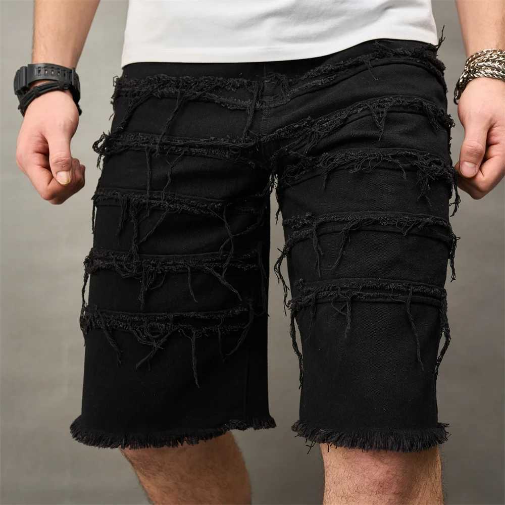 New Summer Streetwear Men Ripped Splicing Slim fit Denim Shorts Stylish Male Solid Straight Casual Jean Five-point PantsX240914